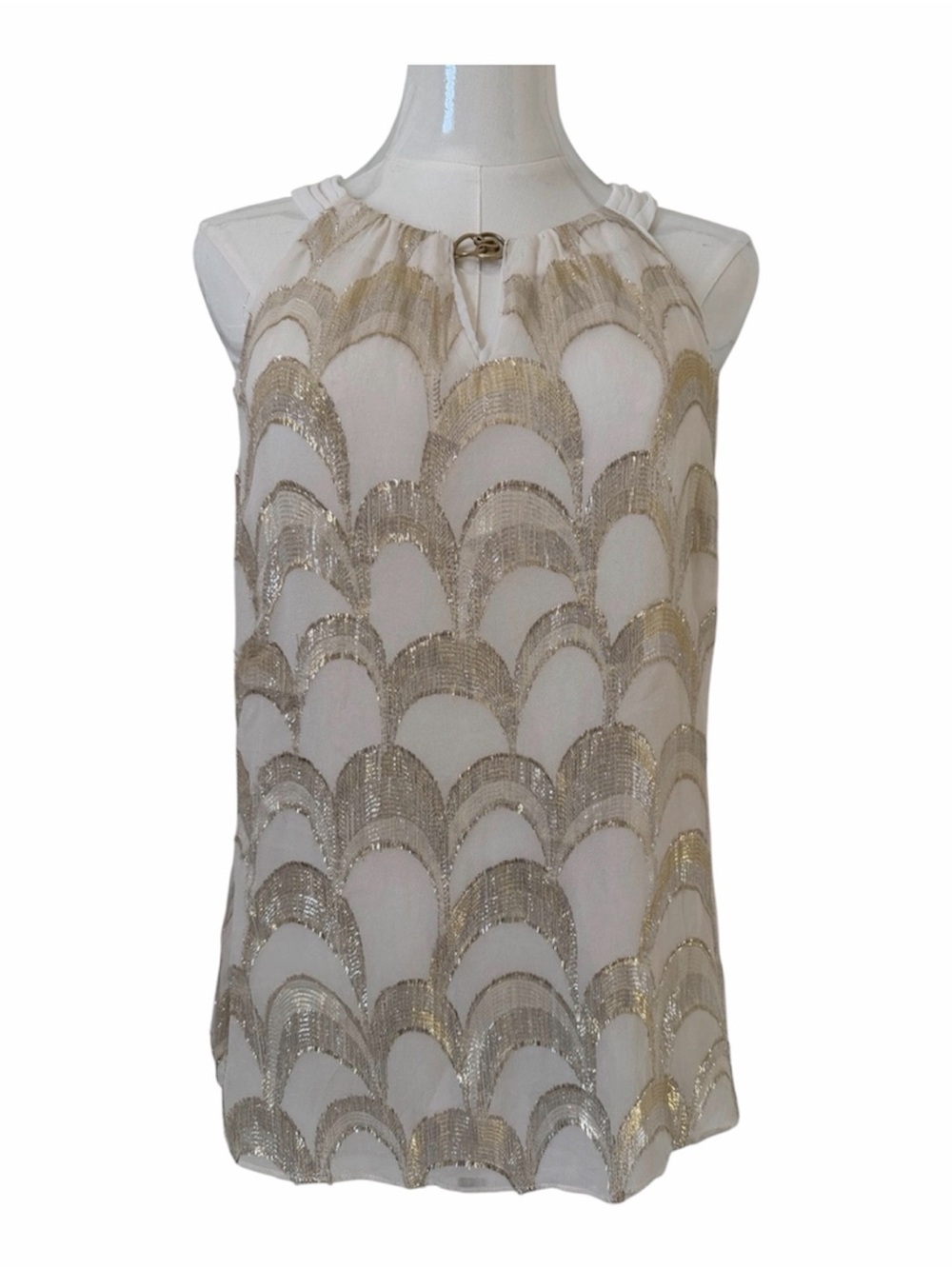 White House Black Market Metallic Gold Embroidered Scallop Halter Silk Top Sz. M